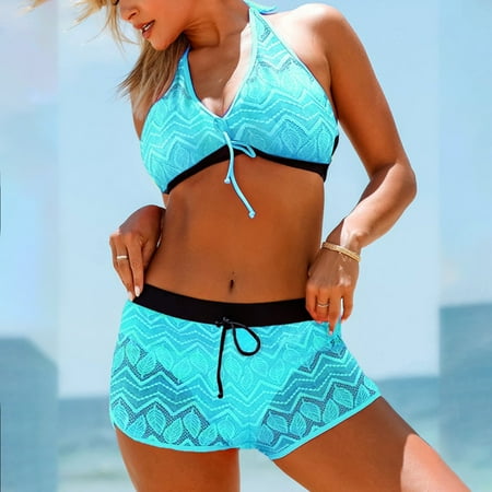 Frostluinai Women’s Halter Bikini Set Adjustable Push up Crochet Two Piece Bathing Suit Tie Front Tops with Shorts Solid Color Swimwear