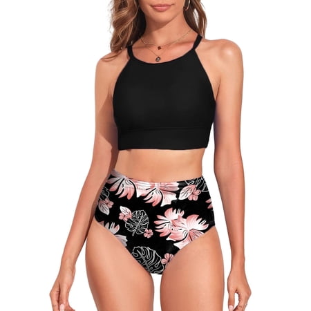 SHEWIN Women’s Bikini Set High Waist Swimsuit High Neck Tropical Leaf Print Bathing Suit, Two-Piece, (Sizes S-XXL)