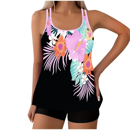 Edvintorg Modest Tankini Swimsuits for Women Plus Size Two Piece Bathing Suits Floral Print Adjustable Spaghetti Straps Tank Top with Boyshorts Summer Swimwear