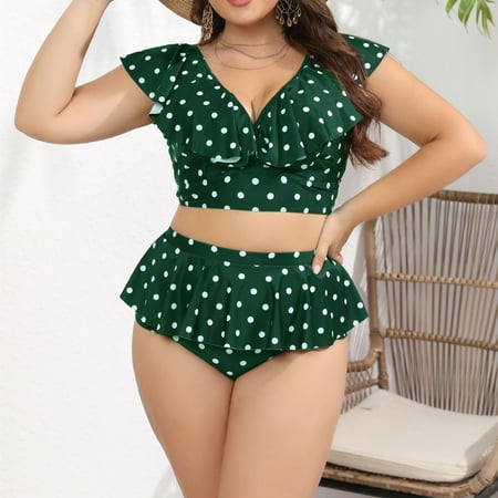 TaTaai 2026 New Women’s Plus Size Polka Dot Bikini Set V Neck Ruffle Two Piece Swimwear Oversized Slimming Bathing Suit for Summer Pool Party Gift