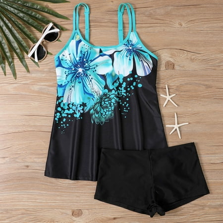 BLTIBY 2025 Two Piece Tankini Swimsuits for Women with High Waisted Shorts Printed Sleeveless Tummy Control Bathing Suits Athletic Swimwear Black 3XL
