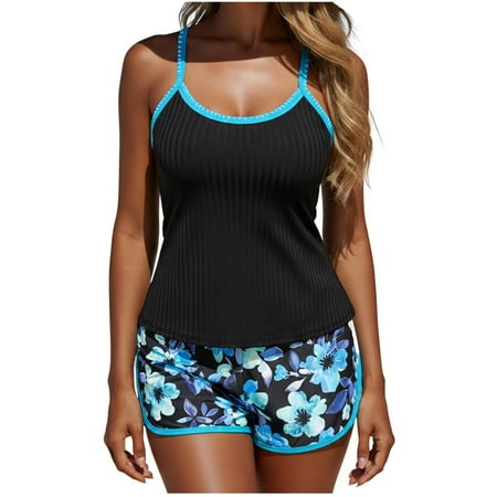 Floral Tankini Set for Women Retro Boho 2 Piece Modest Swimsuits Loose Swimwear Tops with Shorts Two Piece Bathing Suit(Dark Blue L)