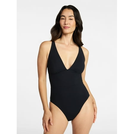 Time and Tru Women’s and Women’s Plus Ribbed Plunge One-Piece Swimsuit, Sizes XS-3X