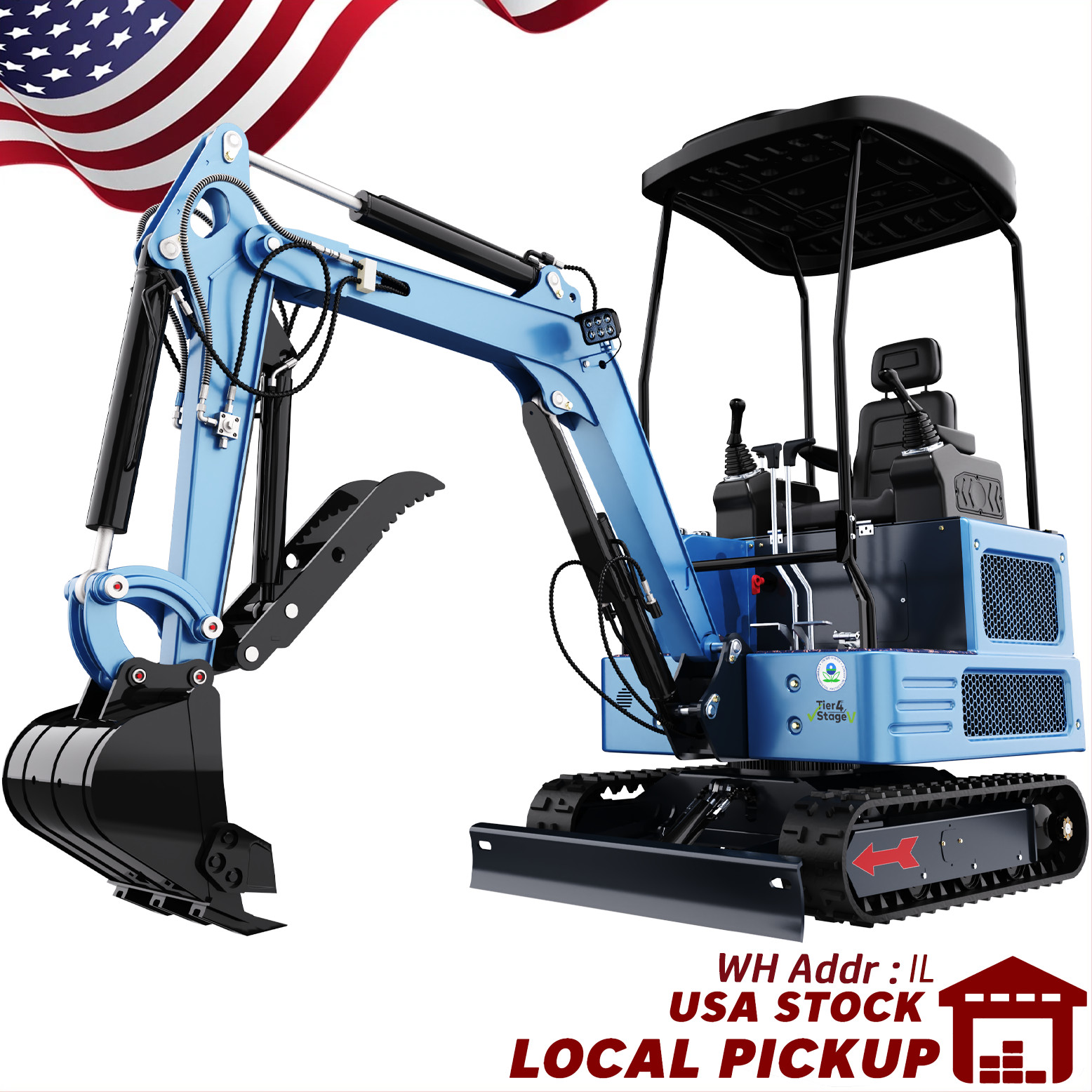 USA STOCK, 1.8 Ton Mini Excavator, Kubota Diesel Engine, Hydraulic Pilot System