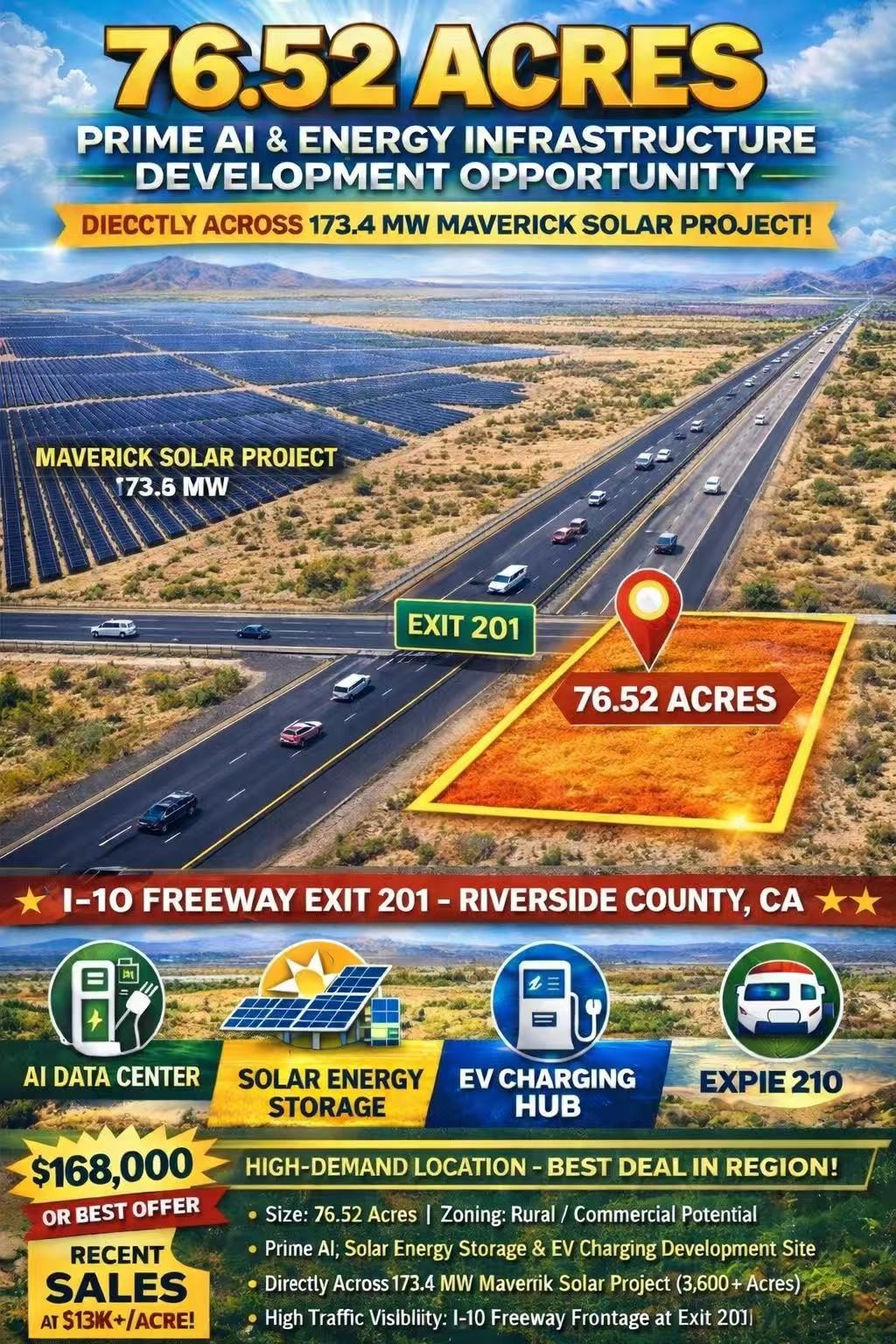 BEST SALE! 76 ACRES I-10 Freeway Front AI & Energy Infrastructure Site CA 92239
