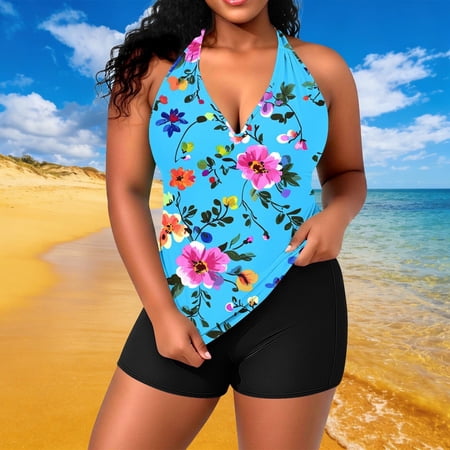 Ailaofu Plus Size Tankini Swimsuits for Women Tummy Control V Neck Hide Belly Bathing Suits Two Piece with Swim Shorts