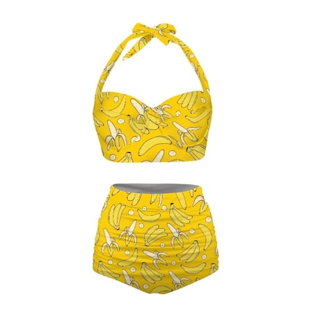 XIAONU Women’s Banana Print Halter Swimwear Slim Fit Sleeveless Sweetheart Neck High Waisted Bikini Set Soft Lively Pool Swimsuits