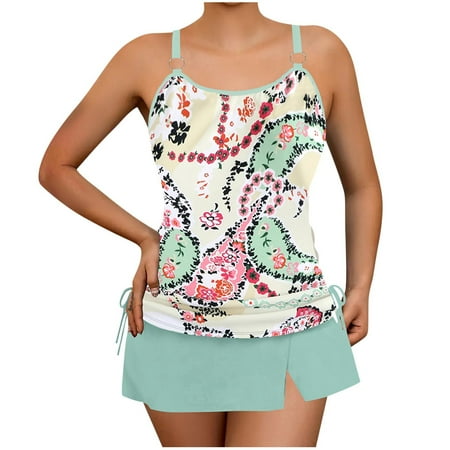 Fewfanhot Women’s Plus Size Floral Print Bikini Top with Skirt Shorts Set, Adjustable Spaghetti Ring Strap Tankini & Modest Swim Skirt Bathing Suit Outfit