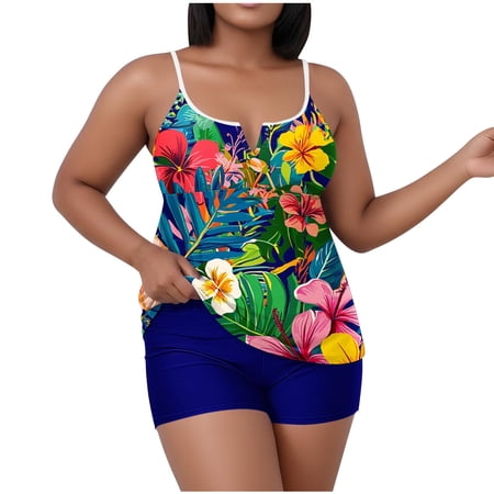asdoklhq Bathing Suits for Bathing Suits Tankinis Loose Fit Women’s Oversized Casual Solid Color Split Tank Top with Chest Cushion Swimsuit Set Blue 3X
