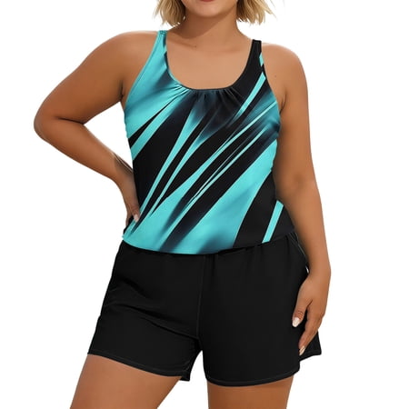 asdoklhq Plus Size Modest Tankini Swimsuits Bathing Suits Fashion Women’s Sleeveless Printing Round Neck Bikini Swimsuit Push-Up Padded Swimwear Pockets Swimsuit Plus Size Swim Romper Black 4X