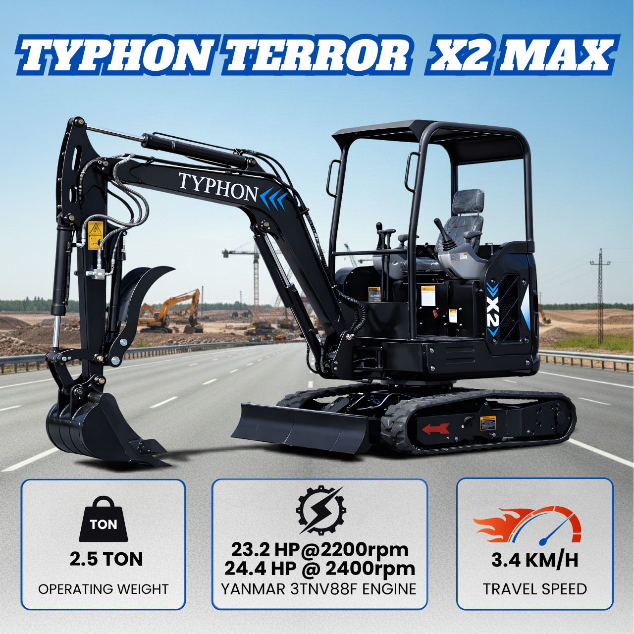 Free Ship TYPHON TERROR X2 Mini Excavator 2.5 Ton w Yanmar 3TNV88F Diesel Engine