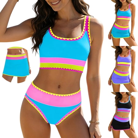 SuDongPo High Waisted Bikini Sets for Women Tummy Control Swimsuits 3 Piece Bathing Suits Summer Trendy Color Block Swimwear with Coverup Skirts
