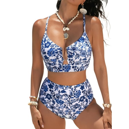 Eytino Bathing Suits for Women 2 Piece Bikini Sets Floral Print Swimsuits U Wire High Waisted Beach Summer Swimwear