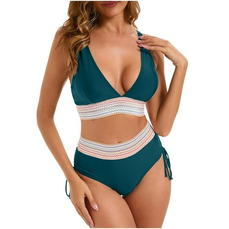 Women’s High Waisted Bikini Sets Tummy Control Swimsuits Two Piece Bathing Suits Color Block Halter Swim Suits