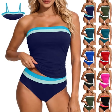 SuDongPo Tankini Swimsuits for Women Two Piece Ruched Tummy Control Bathing Suit Strapless Bandeau Swimwear with Bottom