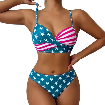 Oplxuo Women’s American Flag Bathing Suit 2 Piece High Waisted Thong Swimsuit Summer Cheeky Bikini Sets Swim Wear