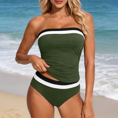 purcolt Tankini Swimsuits for Women – Two Piece Ruched Tummy Control Bathing Suit Strapless Swimwear with Bottom