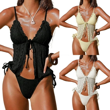 Plus Size Swimsuit Women Swimsuit Women’s Lace Double-layer Fabric Bikini Two-piece Swimsuit Black S