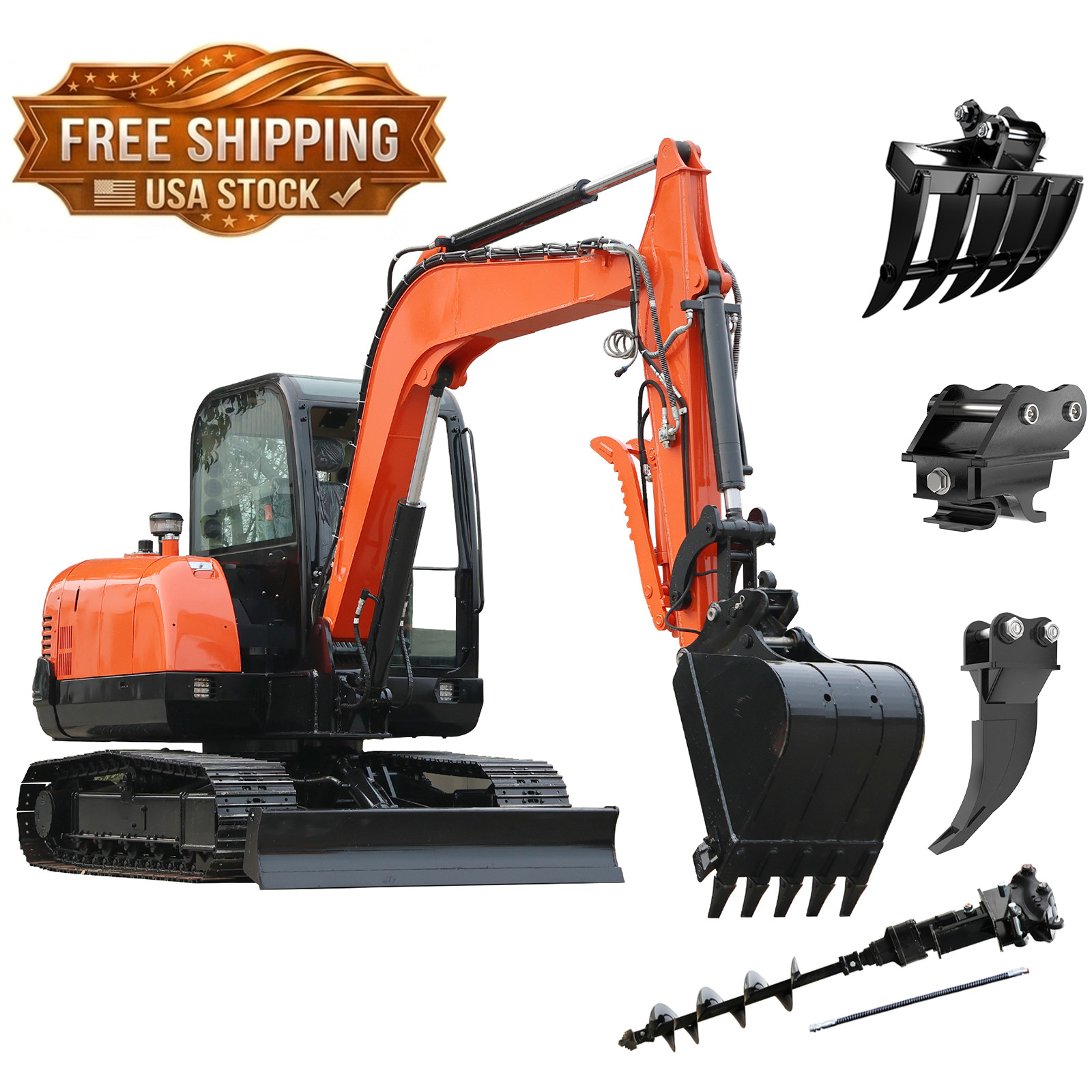 6 Ton Mini Excavator Yanmar 51HP Cab Hydraulic Digger w/ 6 Attachments USA Stock