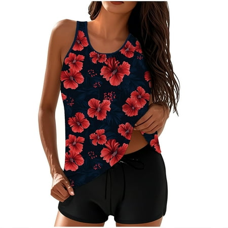 Erwazi Modest Tankini Swimsuits for Women Tummy Control Bathing Suit 2 Piece Swim Tank Top and Shorts Swimwear Set