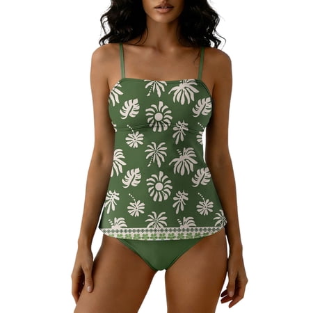 Oplxuo Tankini Swimsuits for Women Trendy Floral Print 2 Piece Bathing Suits Tummy Control Modest Swimwear with Bottom