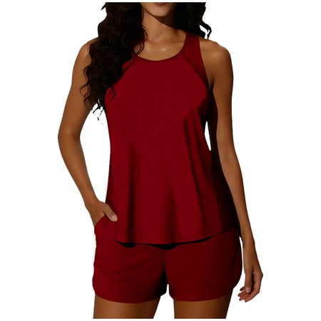 Ahdbta Two Piece Tankini Swimsuits for Women Tummy Control Bathing Suits with Sporty Pockets Swim Shorts Swimwear