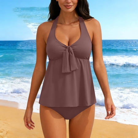 Ailaofu Women’s Tankini Swimsuits Tummy Control Two Piece Bathing Suit V Neck Tie Front Flowy Swim Top with Bottom