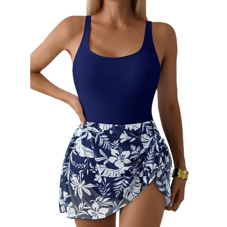 Eytino Swimsuits for Women One Piece Swimdress Tummy Control Bathing Suit with Mesh Skirt Tie Knot