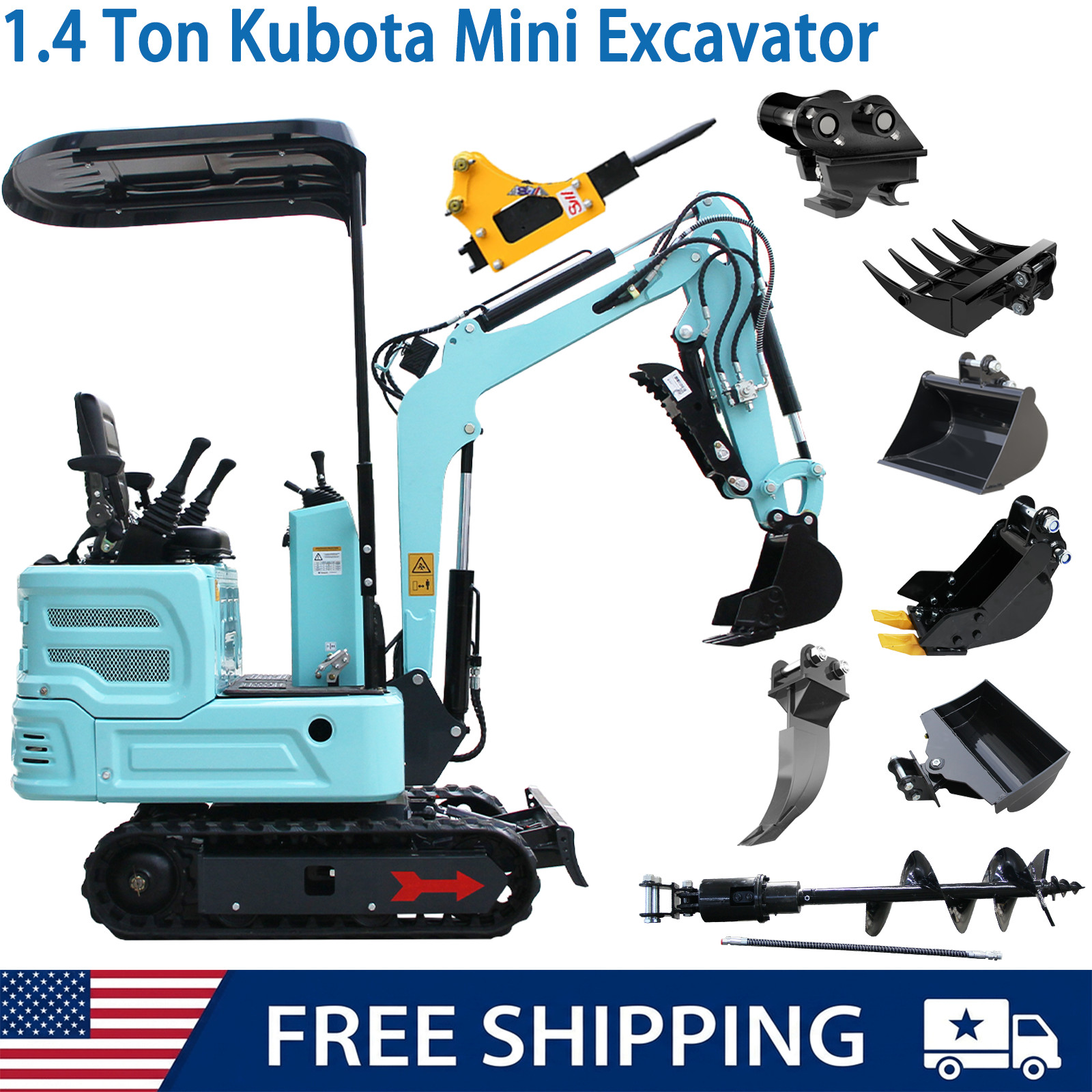 FREE SHIP 1.4Ton Mini Excavator Kubota Engine Water Cooling with 8 Attachment