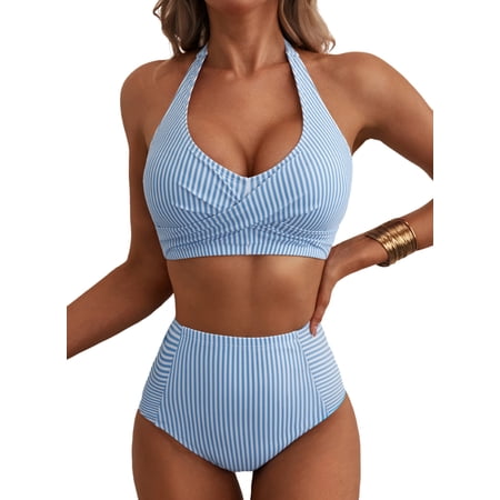 Eytino Women’s High Waisted Bikini Set Halter V Neck Twist Front 2 Piece Swimsuit Vintage Striped Bathing Suit with Side Pocket, Sky Blue, L