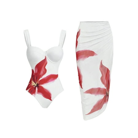 Enjoytime Womens One Piece Swimsuits Floral Print Tummy Control Bathing Suits Monokini with Cover Up Sarong Wrap Swimwear