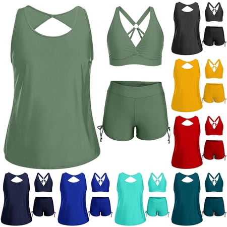 QIUOMBBP Womens Three Piece Tankini Set Back Cutout Tank Tops with Crisscross Bikini Top and Tie Side Swim Shorts Plus Size Swimwear for Water Activities Dark Gray M