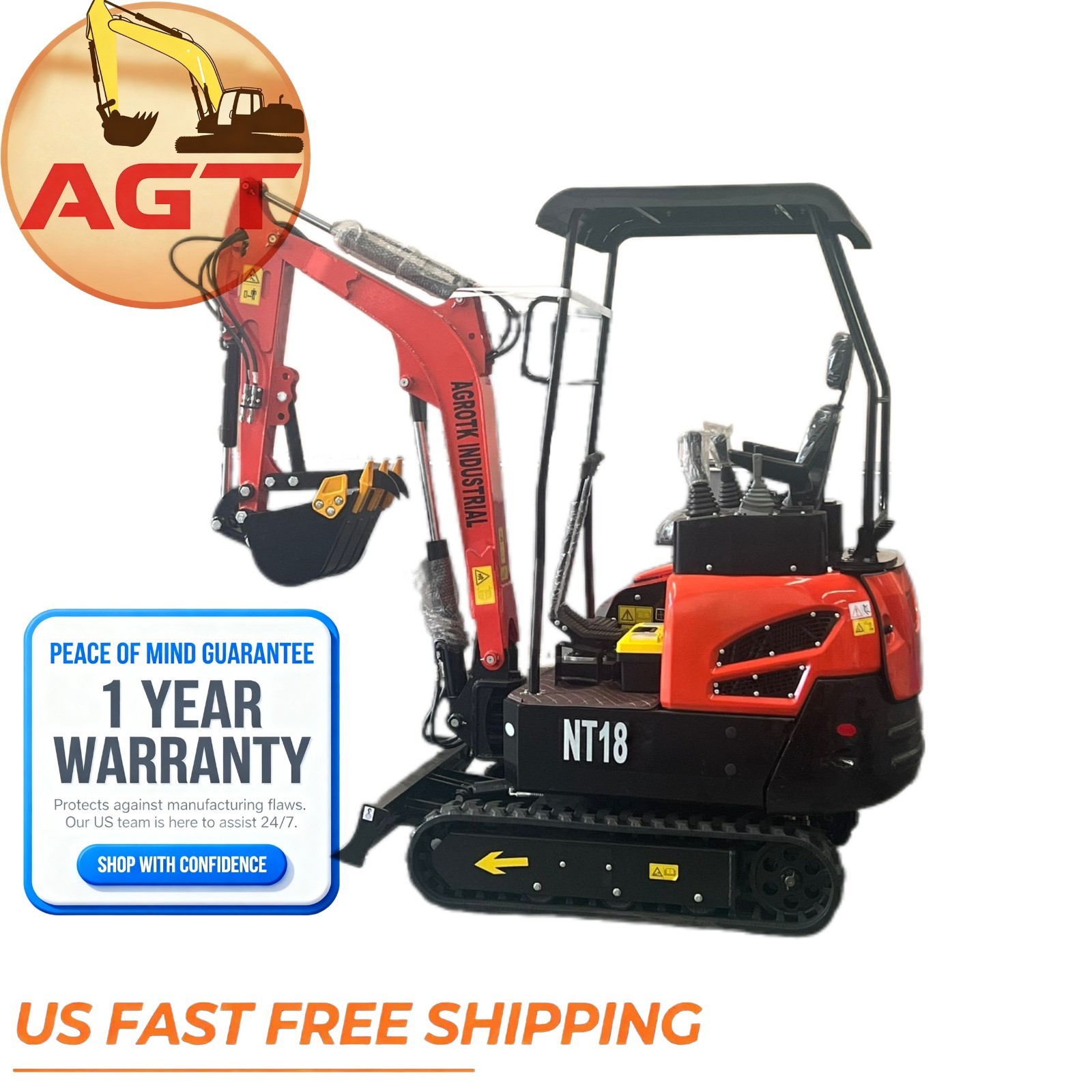 AGT-NT18 1.4-Ton Diesel Mini Excavator with Side Swing, Kubota Diesel Engine