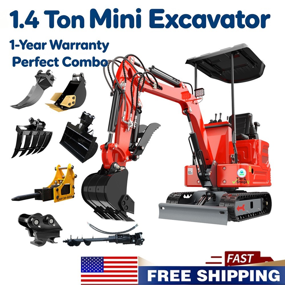1.4Ton Mini Excavator Kubota Diesel Engine Tracked Digger w/ Attachments Kits