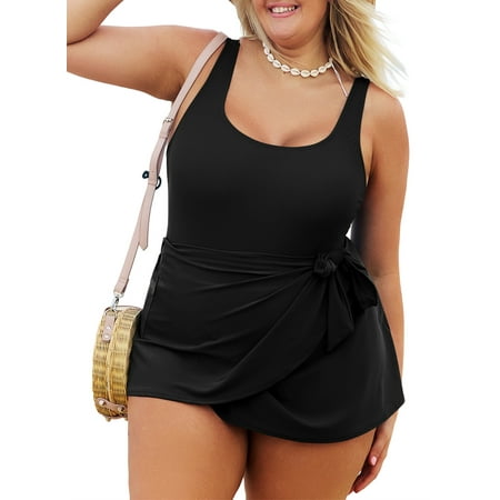 SHEWIN Womens Plus One-piece Swimsuits Padded Swim Dress Side Knot One Piece Bathing Suit with Skirt Summer Swimwear