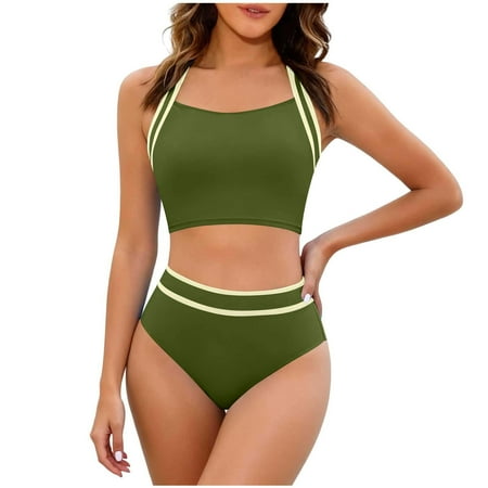 SuDongPo Women’s High Waisted Bikini Sets Two Piece Swimsuits Sporty Tummy Control Bathing Suit Color Block Swim Suits