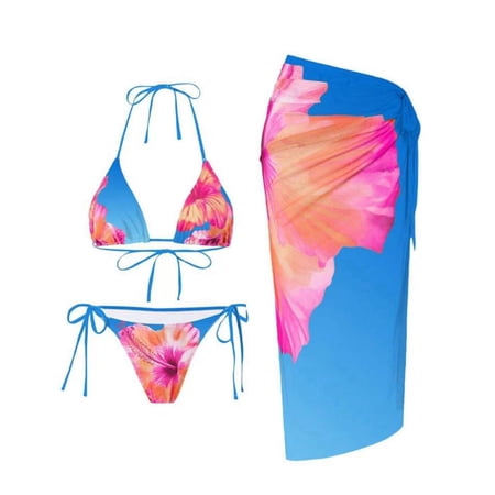 Levmjia Women’s Three Piece Swimsuit Fashion Printed Hanging Neck Top Tight Drawstring Bikini Set Quick Dry Beach Vacation Pool Party Summer