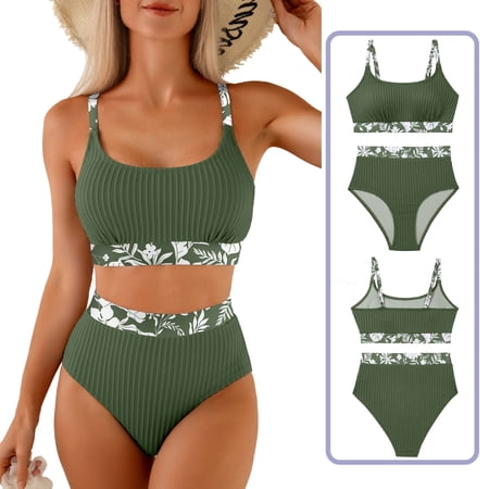 Eytino Women’s High Waisted Bikini Set – Textured Two Piece Swimsuit with Scoop Neck and Floral Print Dark Green M
