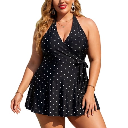 Ocean Blues Women’s Plus Size Swimwear Halter Swimdress One Piece Swimsuit for Women Swim Skirt Tummy Control One Piece Bathing Suit for Women Size XL