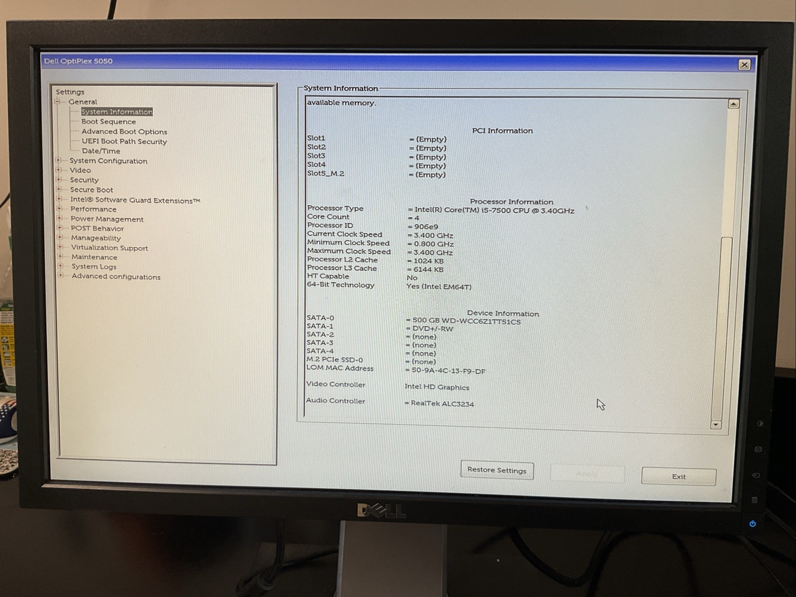 Dell OptiPlex 5050 Intel Core I5-7500 3.40GHz No OS
