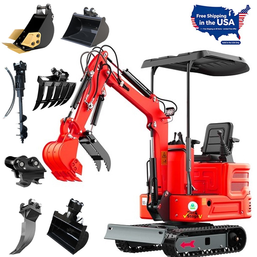 1.4Ton Mini Excavator Digger Kubota Diesel Engine Tracked Crawler w/7 Attachment