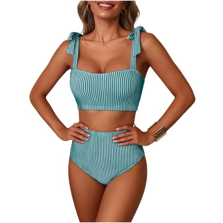 HAPIMO Women’s Striped Bikini Set Tie Shoulder High Waisted Two Piece Bathing Suits Retro Modest Slim Fit Swimsuits for Summer Beach Pool Vacation Green XXL