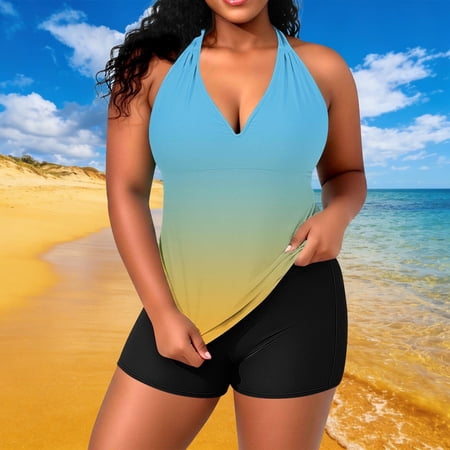 RKSTN Bathing Suit for Women Plus Size Tankini Swimsuits Two Piece Tummy Control Swimsuits Gradient Print Halter Swim Dress with Boyshort