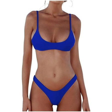 Womens Swimsuits Solid Color Spaghetti Strap Push Up Padded Brassiere With Thongs Brazilian Two Piece Bikini Sets For Women Swimwears Beachwear,Blue,L