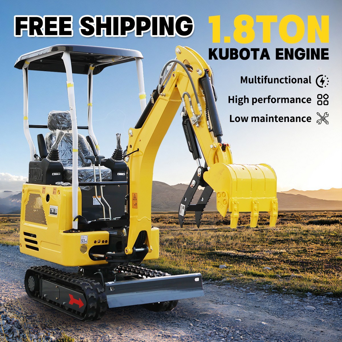 1.8T Mini Excavator Kubota D722 Diesel Engine, Side Swing & Extendable Tracks