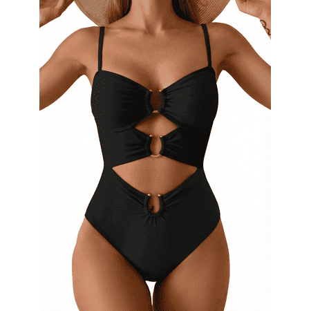 SOMER One Piece Swimsuit for Women Tummy Control Ring Linked Monokini Bathing Suit Cutout Swim Suit