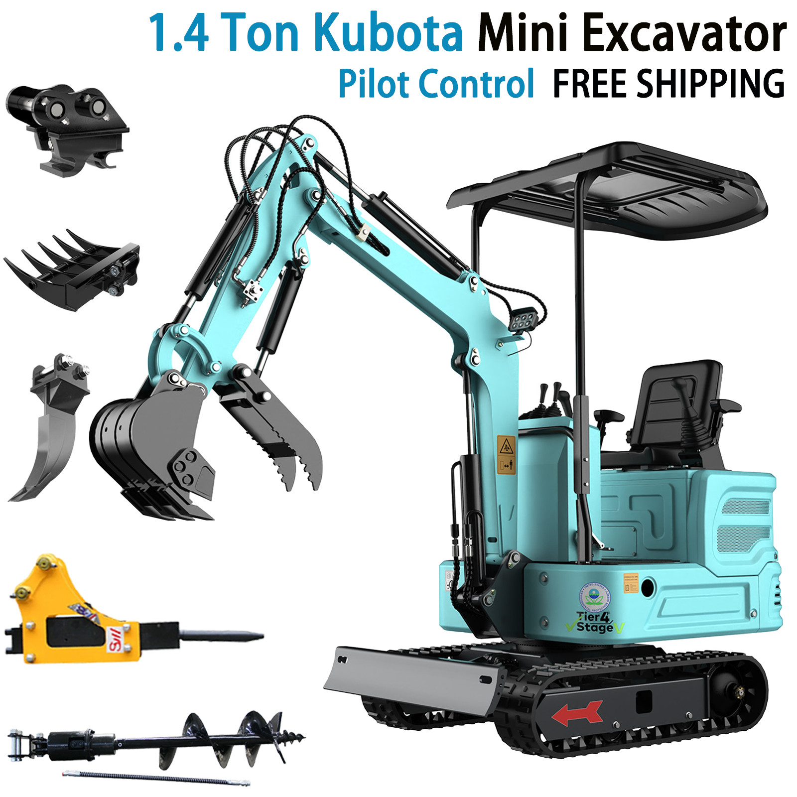 FREE SHIP 1.4Ton Mini Excavator Kubota Engine Crawler Small Digger 5Attachments