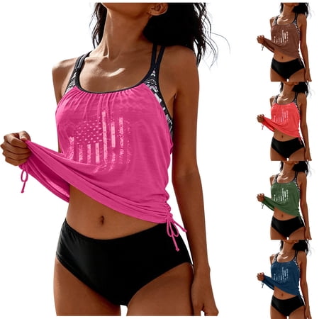 yoeyez Women Swimwear Patriotic Tankini Swimsuit 4th of July Side Drawstring Sleeveless Top with and Brief Bottom 2 Piece Bathing Suit Army Green,XL