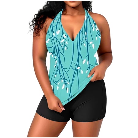 Nfurl Womens Tankini Swimsuits Plus Size Halter Tankini Tops Trendy Floral Printed Two Piece Bathing Suits Tummy Control Swimwear with Shorts Light Blue,Size XXL