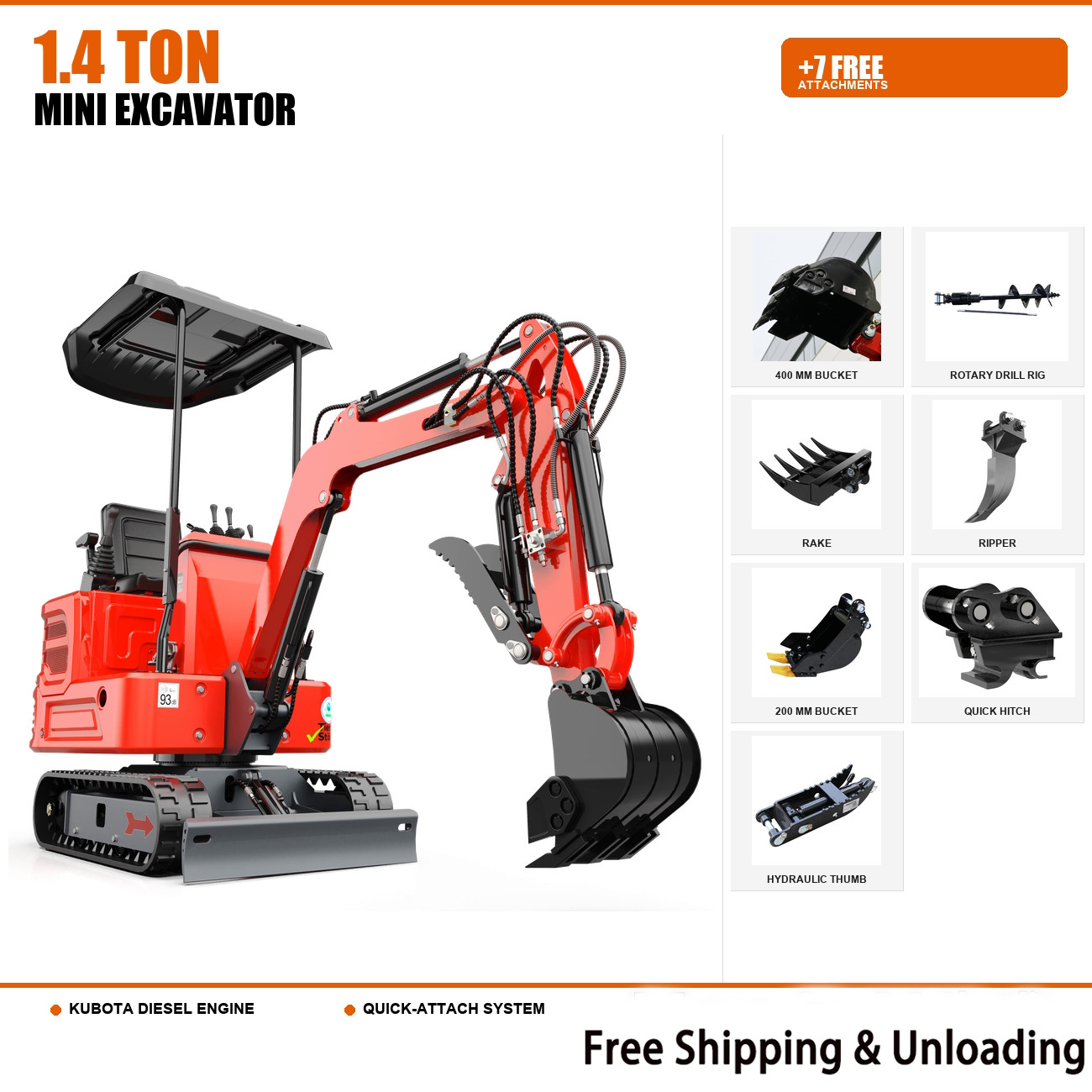 1.4 Ton Mini Excavator Kubota Engine EPA + 7 Attachments US STOCK Free Shipping